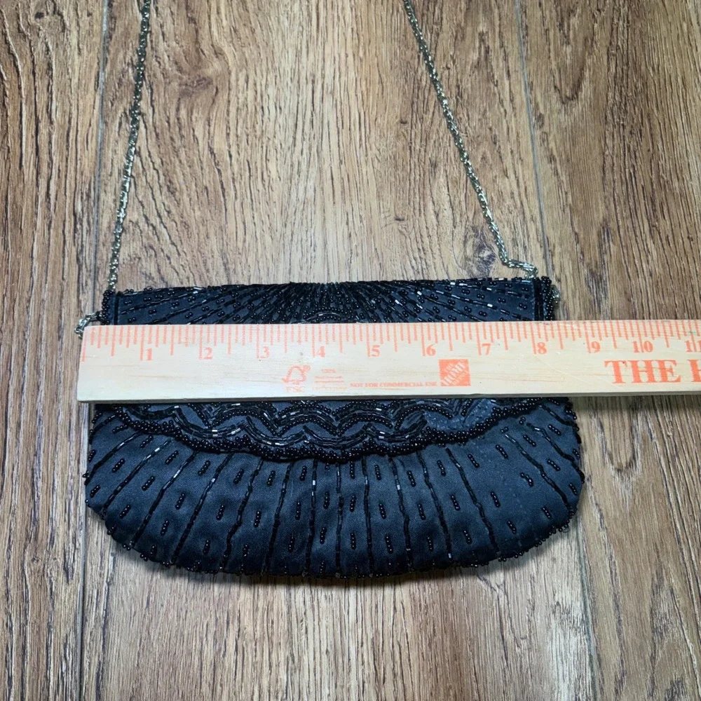 90s La Regale Ltd Black Beaded Evening Bag Satin Clutch Chain Purse handmade
